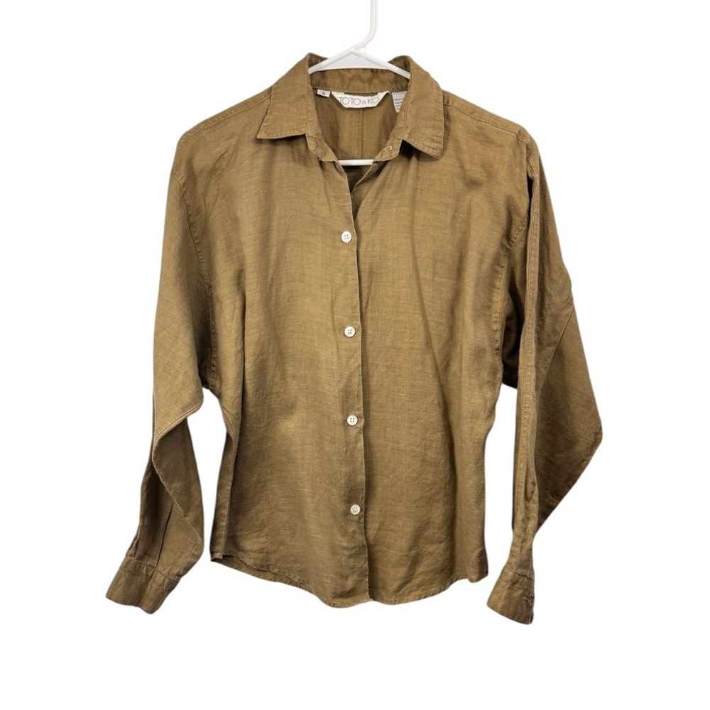 Vintage Toto n Ko Size Small Olive Green 100% Linen Button Long Sleeve Collared